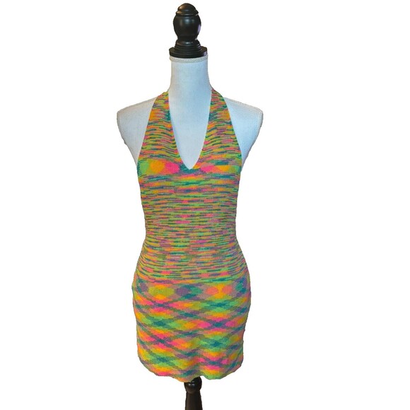 Multicolor backless knitted mini dress, sexy!! great pre-loved condition! size S - Picture 4 of 16